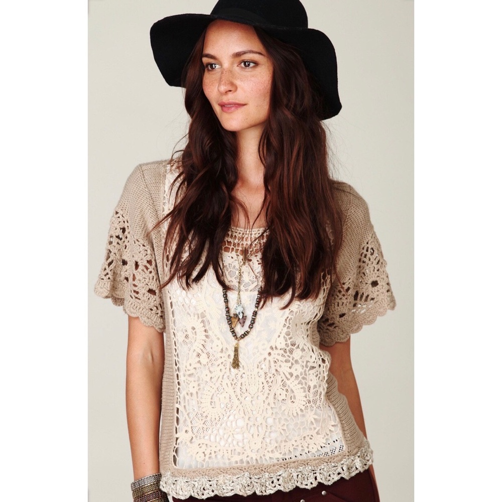 Free People Lace Crochet Short Sleeve Sweater